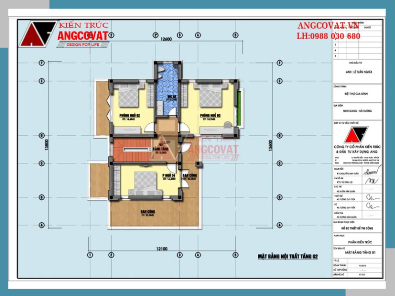 Mặt bằng công năng tầng 2 của mẫu nhà 2 tầng 4 phòng ngủ mái thái bao gồm các phòng chức năng như sau:  Sảnh tầng 5.6m2, Phòng ngủ 2: 14.4m2, Phòng ngủ 3: 18.9m2, Wc2: 8.2m2, Phòng ngủ 4: 14.4m2, Ban công: 22m2, Ban công: 22m2