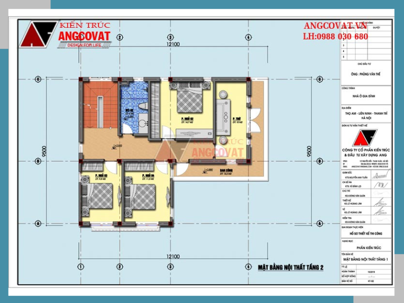 Nếu như tầng một là không gian sinh hoạt chung của gia đình thì tầng 2 là không gian sinh hoạt riêng của các thành viên: Phòng thờ: 10m2, phòng ngủ 2: 14.7m2, phòng ngủ 3: 9.8m2, phòng ngủ 4: 11.5m2, ban công: 14.3m2. 