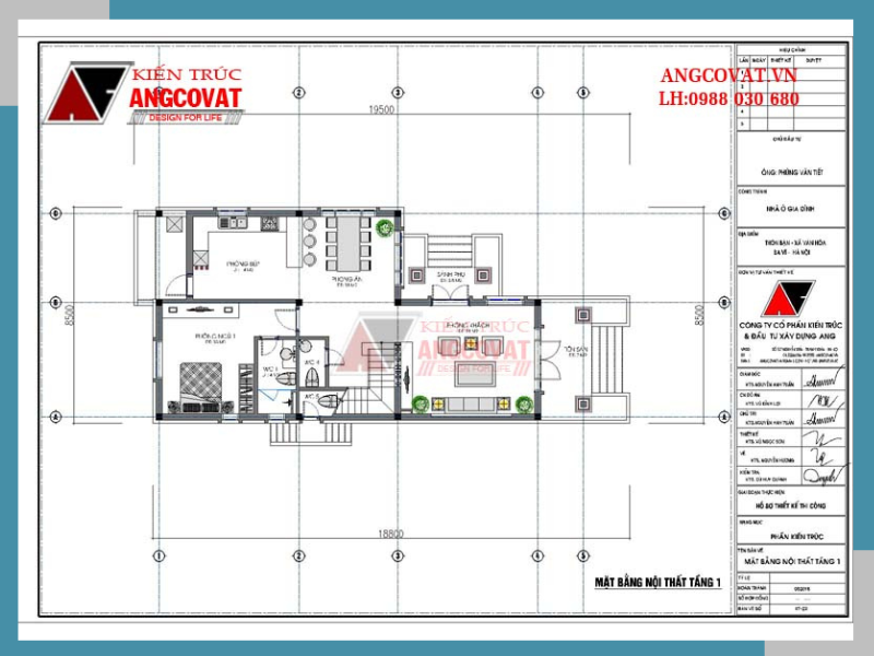 Mặt bằng tầng 1 mẫu nhà chữ L 2 tầng 4 phòng ngủ bao gồm các phòng chức năng sau: Tiền sảnh 7m2, Phòng khách 24m2, Sảnh phụ 3.8m2, Phòng ăn: 18m2, Phòng bếp: 14m2, Phòng ngủ 1: 18m2, WC