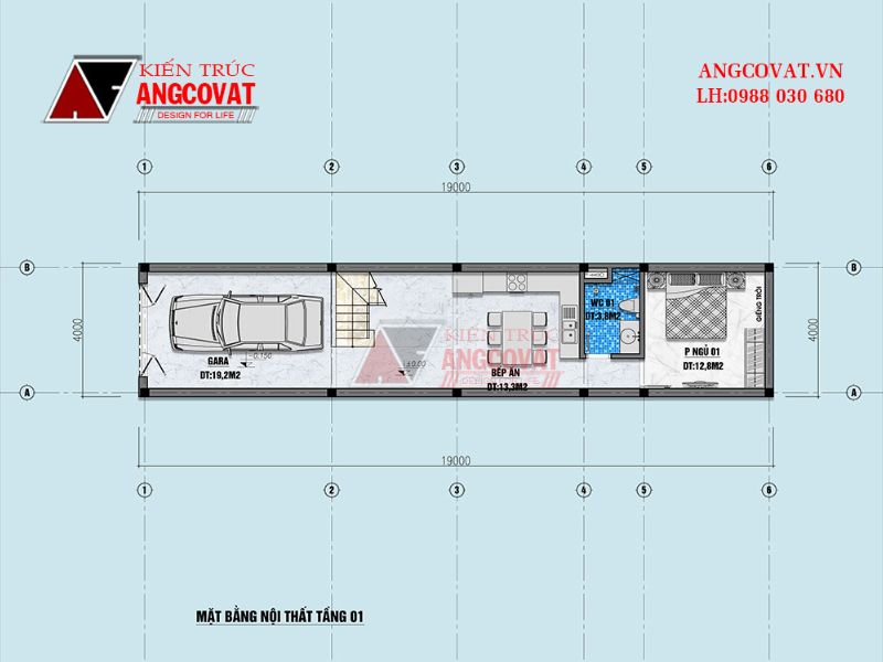 Mặt bằng công năng tầng trệt nhà 4x19m