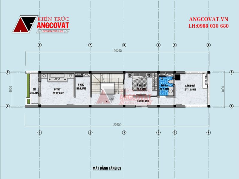Mặt bằng công năng tầng 3 nhà 4x19m