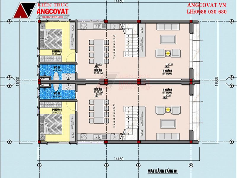 Mặt bằng công năng tầng 1 nhà 3 tầng 4 ngủ 5x15m