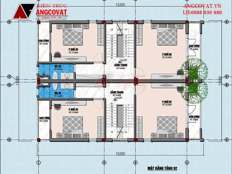 Mặt bằng công năng tầng 2 nhà 3 tầng 4 ngủ 5x15m