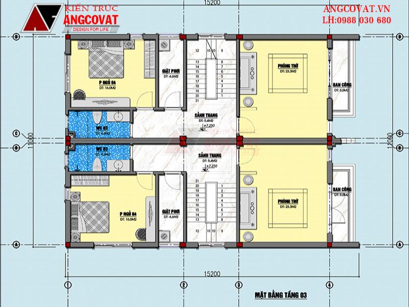 Mặt bằng công năng tầng 3 nhà 3 tầng 4 ngủ 5x15m