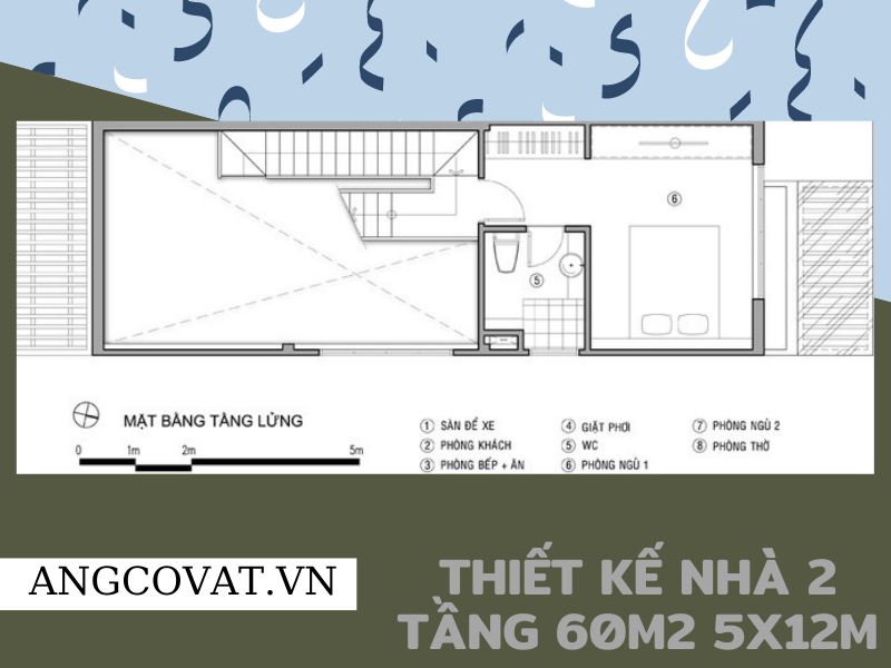 Mặt bằng tầng lửng mẫu thiết kế nhà 2 tầng 60m2 5x12m có 2 phòng ngủ