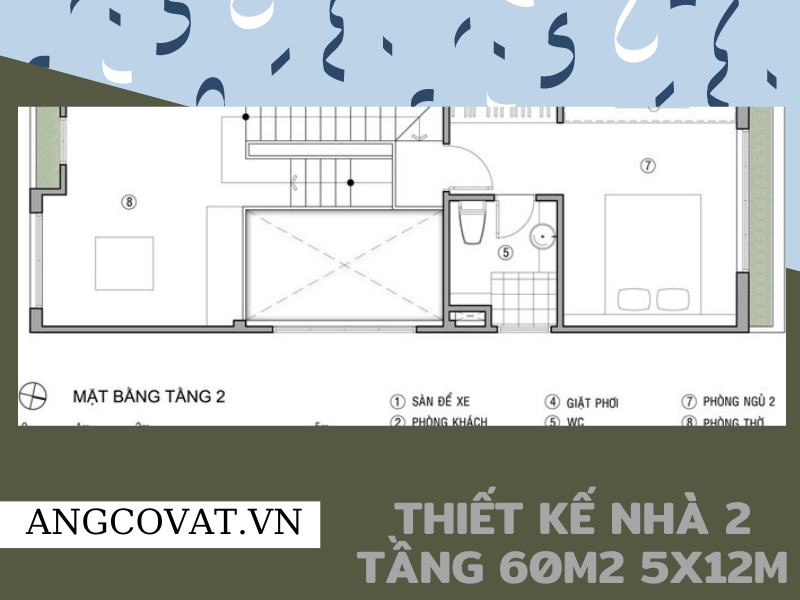 Mặt bằng tầng 2 mẫu thiết kế nhà 2 tầng 60m2 5x12m có 2 phòng ngủ