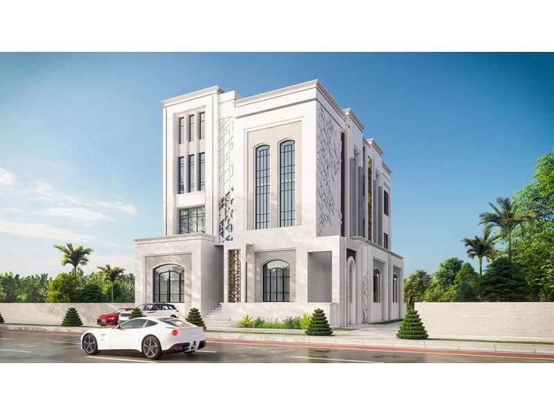 Nhà 4 tầng gam màu trắng tạo hình độc đáo