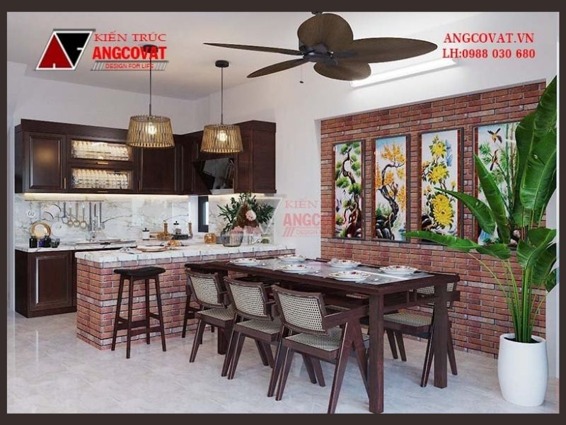 Hình ảnh nội thất phòng bếp ăn gọn gàng ngăn nắp tạo cảm giác ấm cúng  cho mẫu nhà mái nhật 1.5 tầng