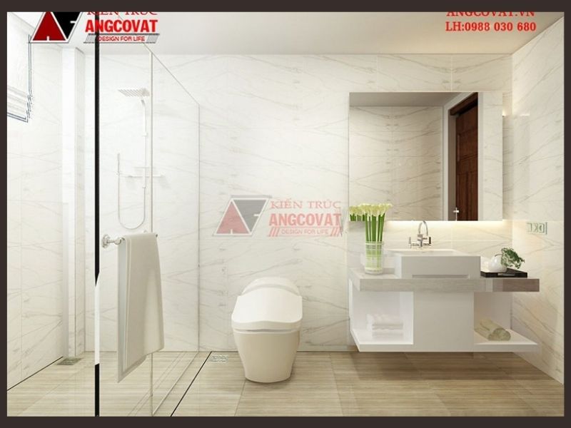 Thiết kế phòng tắm và vệ sinh của mẫu nhà mái nhật 1.5 tầng sang trọng hiện đại trong mẫu nhà mái nhật 1.5 tầng