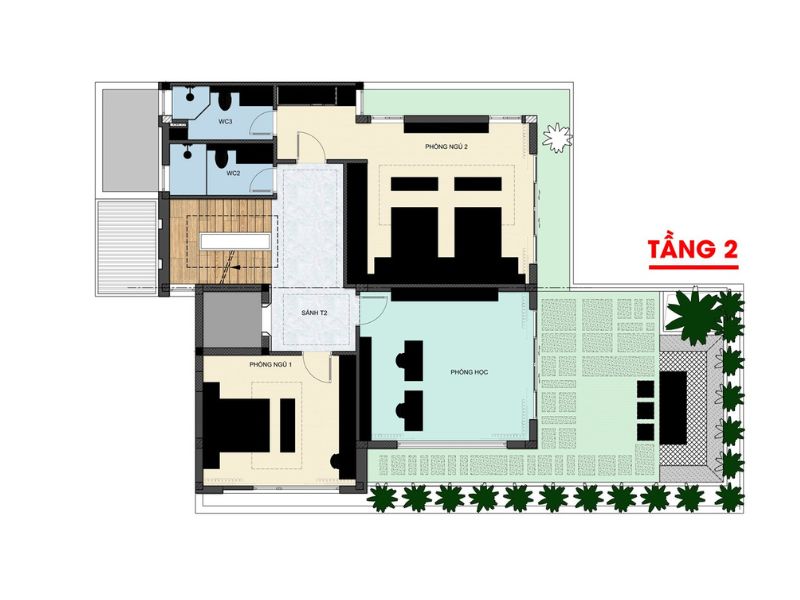  Công năng nhà biệt thự 3 tầng 220m2 khu vực tầng 2