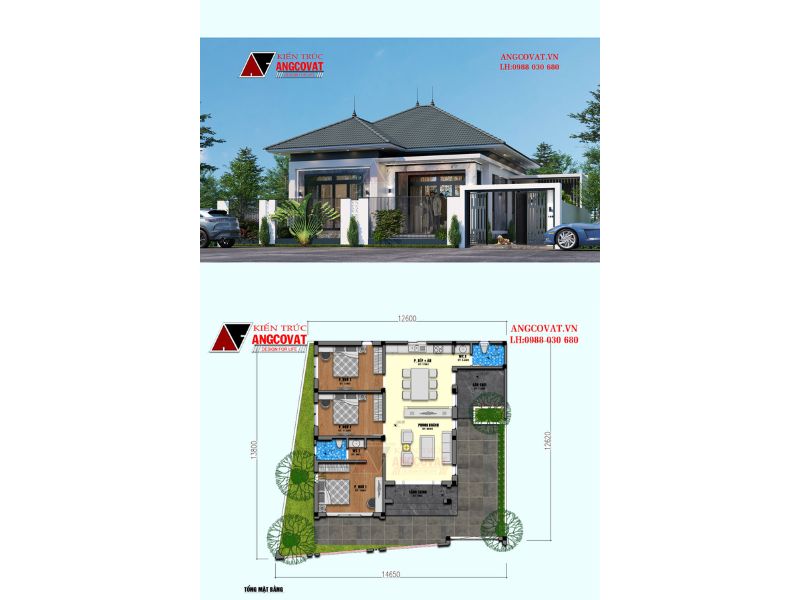 Mặt bằng biệt thự hiện đại 3 ngủ mái Nhật