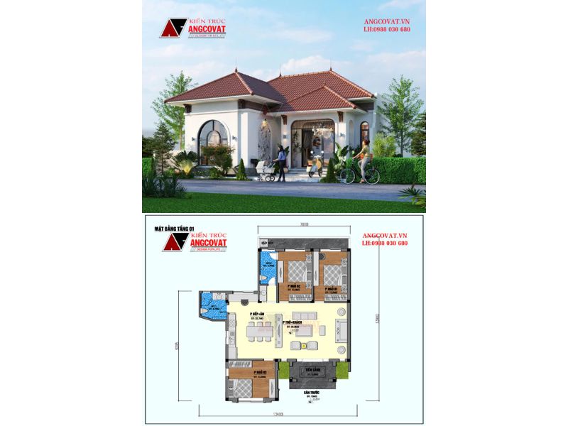 Kiến trúc biệt thự 1 tầng công năng 3 ngủ