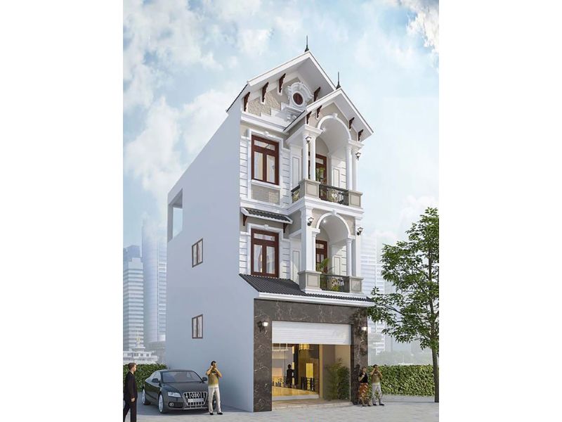 Kiến trúc nhà 3 tầng mái Thái gam màu trắng