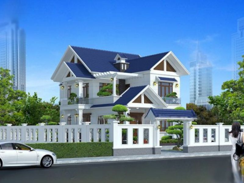 Kiến trúc nhà 2 tầng 6 phòng ngủ mái Thái xanh
