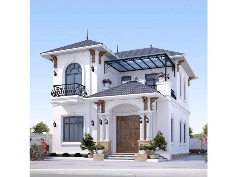 Nhà 2 tầng tân cổ điển gam màu trắng