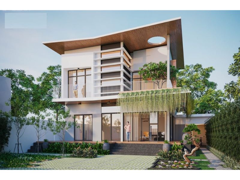 Kiến trúc nhà 2 tầng có hệ mái khuyết thú vị