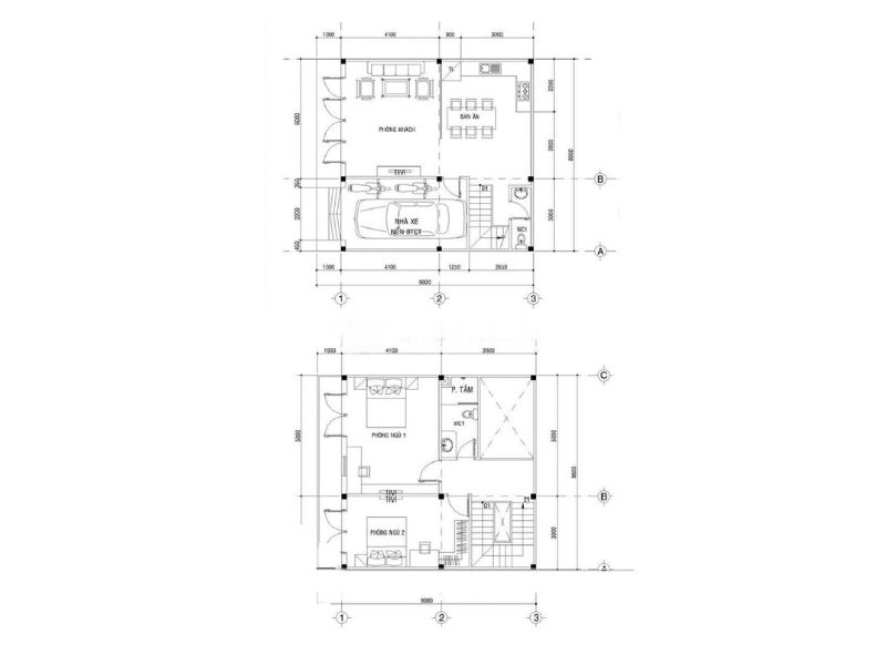 Bản vẽ công năng nhà 2 tầng 8x9m