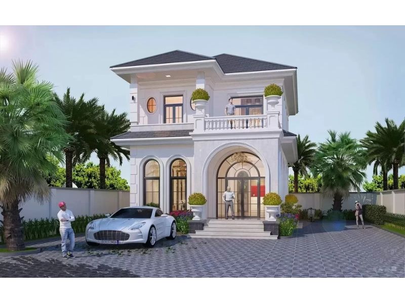 Nhà 2 tầng nhỏ gọn mái Nhật có sân vườn rộng
