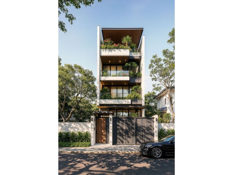 Thiết kế ban công đua rộng tạo điểm nhấn kiến trúc cho mẫu nhà 4 tầng 7x20m