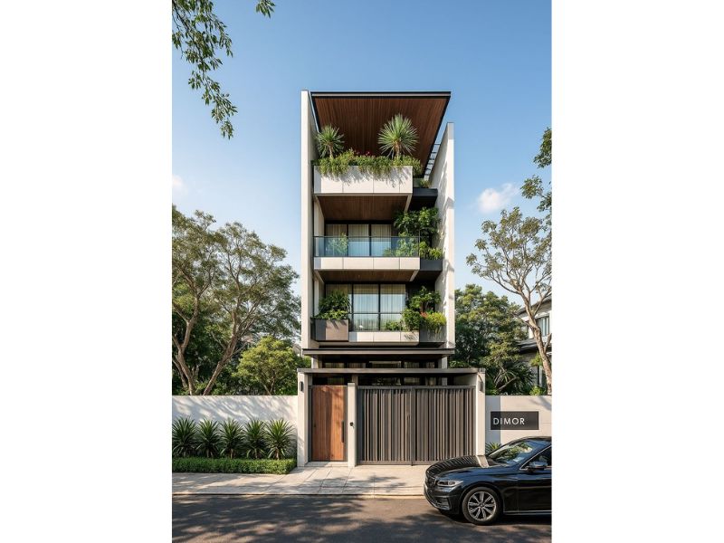 Mẫu nhà 4 tầng sơn màu trung tính nhẹ nhàng, thanh lịch