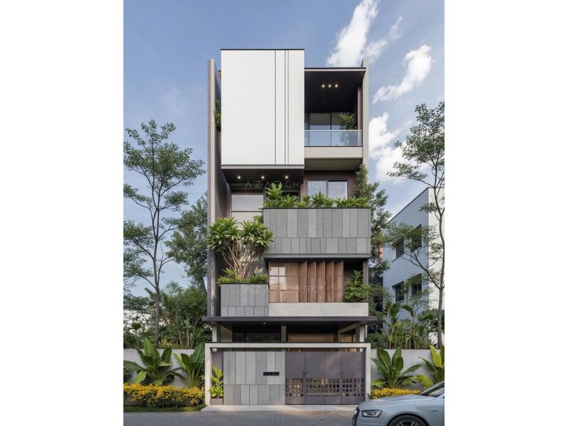 Mặt tiền nhà phố 4 tầng 7x18m sử dụng lam chắn giả gỗ hỗ trợ lưu thông không khí