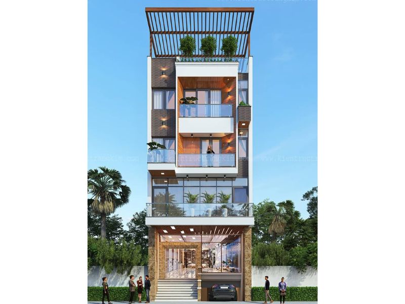 Mặt tiền nhà 4 tầng sử dụng toàn bộ mặt kính toát lên vẻ sang trọng, hiện đại