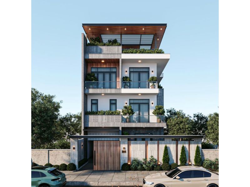 Mẫu nhà 4 tầng mặt tiền 7m ốp đá granite cao cấp màu xám ghi thanh lịch