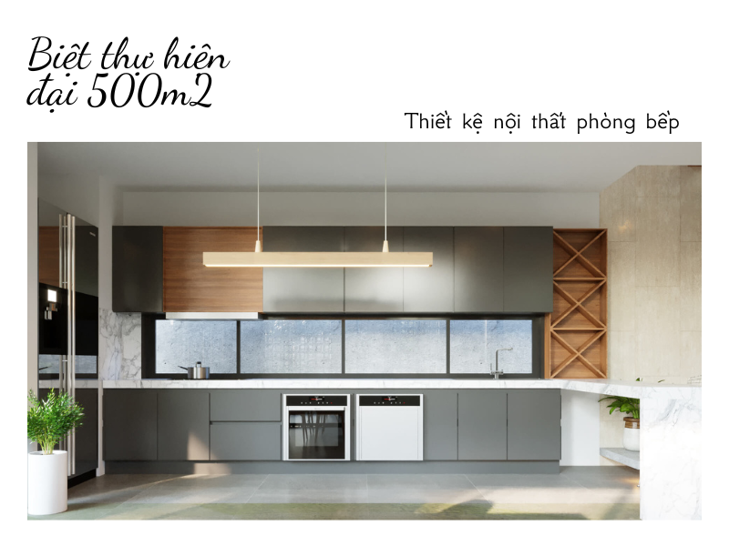 Phối cảnh nội thất 5: Phòng bếp mẫu biệt thự hiện đại 500m2 mái bằng