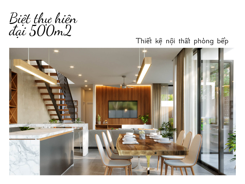 Phối cảnh nội thất 6: Phòng bếp mẫu biệt thự hiện đại 500m2 mái bằng