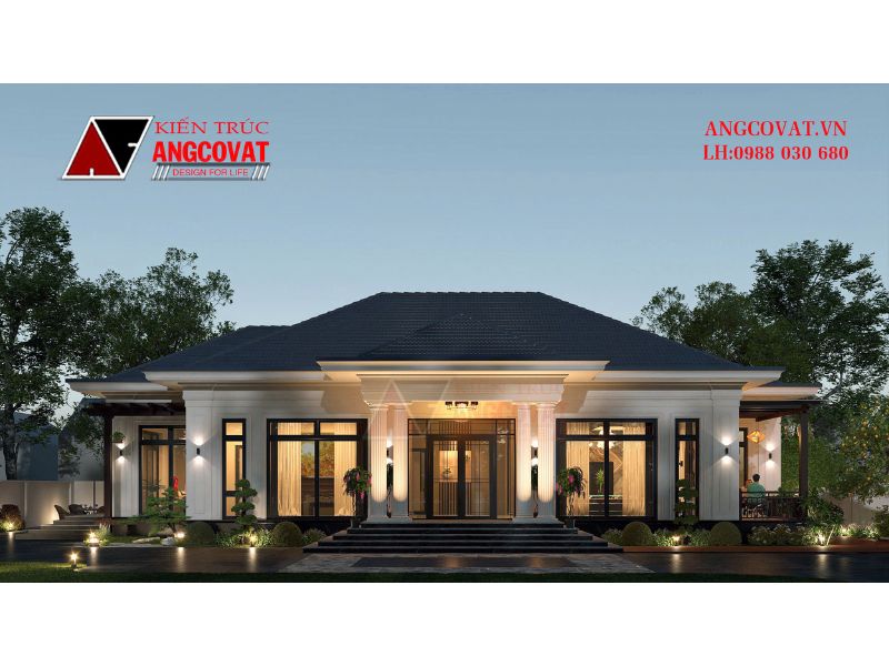 Ngoại thất nhà biệt thự 300m2 khi màn đêm buông xuống