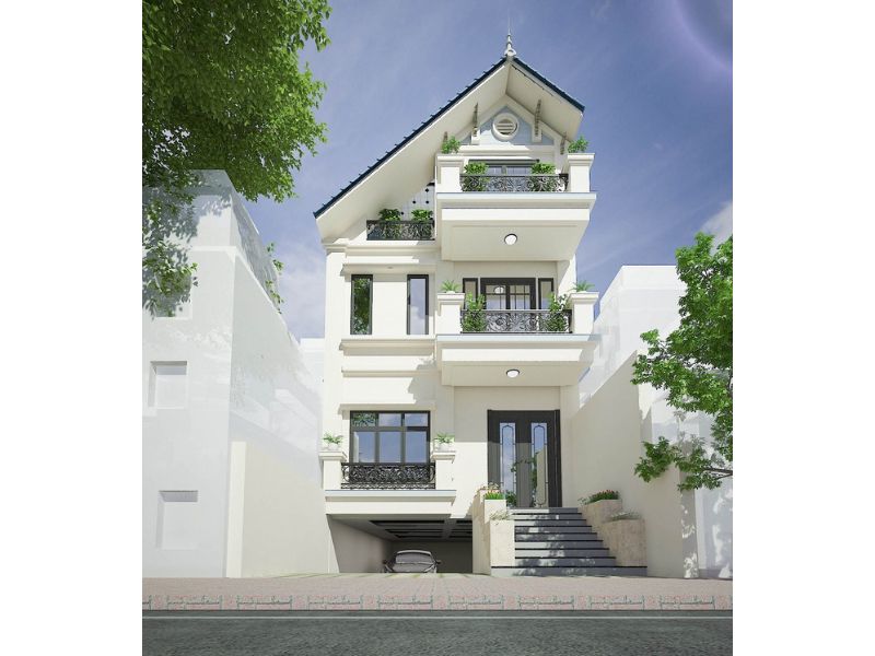 Nhà phố tân cổ điển gam màu trắng mái thái