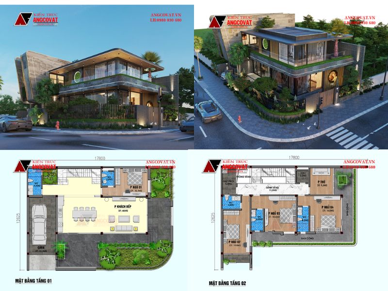 Mặt bằng mẫu nha 4 phòng ngủ 2 tầng hiện đại lô góc 2 mặt tiền 