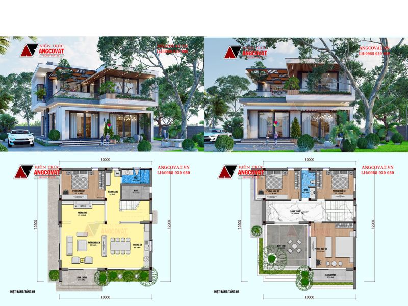 Bản vẽ thiết kế nhà 2 tầng 4 phòng ngủ hiện đại mái bằng 