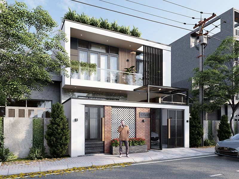 Mặt tiền mẫu nhà 2 tầng 4 phòng ngủ 9x12m sử dụng hệ cửa kính hiện đại, tối ưu ánh sáng và gió tự nhiên  