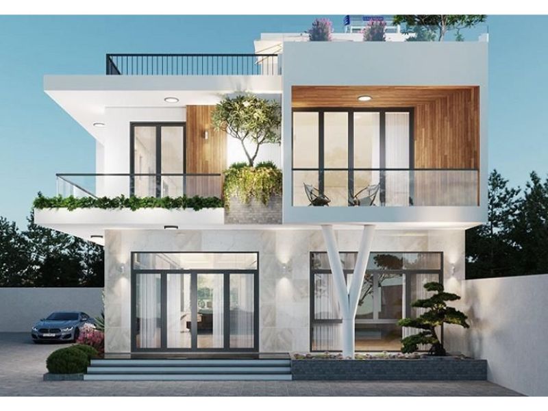 Không gian sống sang trọng và tiện nghi trong mẫu nhà 4 phòng ngủ 2 tầng hiện đại mái bằng màu trắng thời thượng 