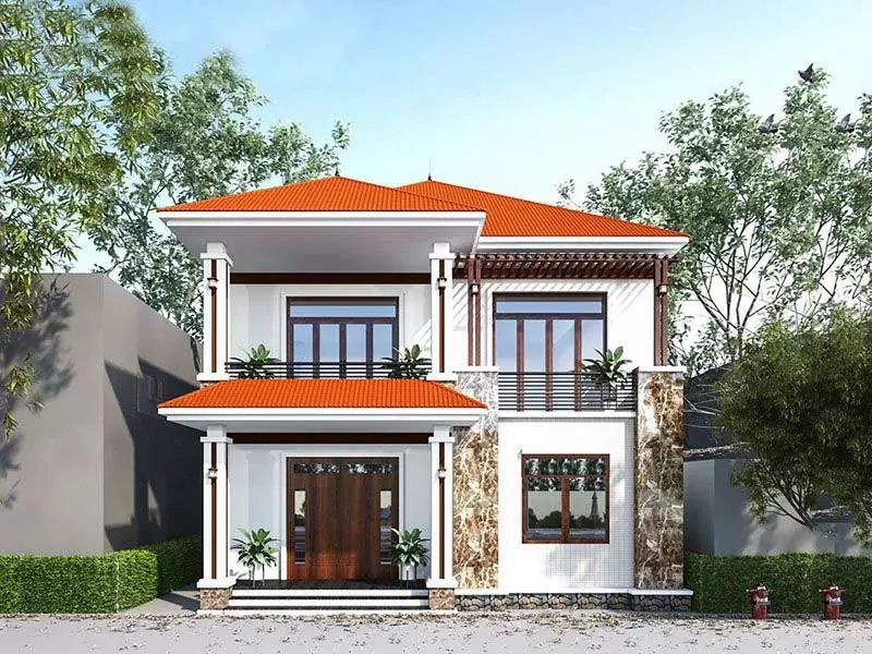 Thiết kế nhà 2 tầng 4 phòng ngủ 1 phòng thờ và có ban công rộng 