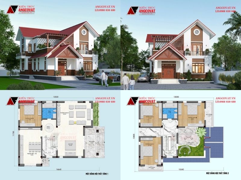 Bản vẽ thiết kế nhà mái Thái 2 tầng 4 phòng ngủ 12x13m 