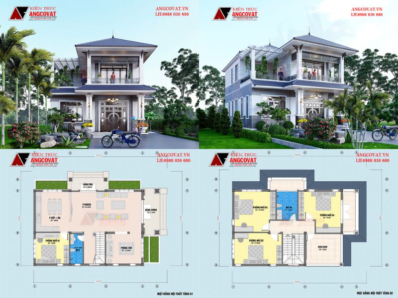 Thiết kế nhà mái nhật 2 tầng 4 phòng ngủ 1 phòng thờ 120m2 