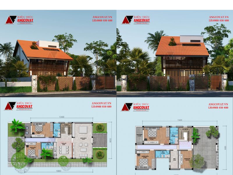 Bản vẽ thiết kế nhà 4 phòng ngủ 2 tầng phong cách Hội An 