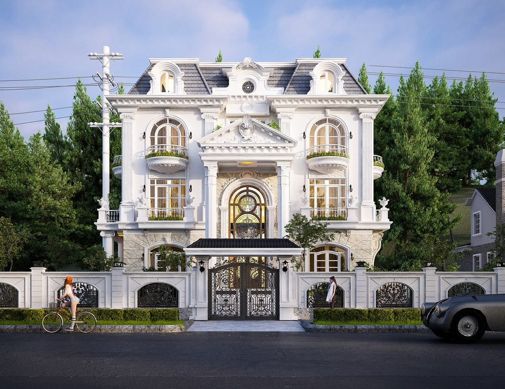 Kiến trúc nhà vườn 3 tầng tân cổ điên gam màu trắng đẳng cấp