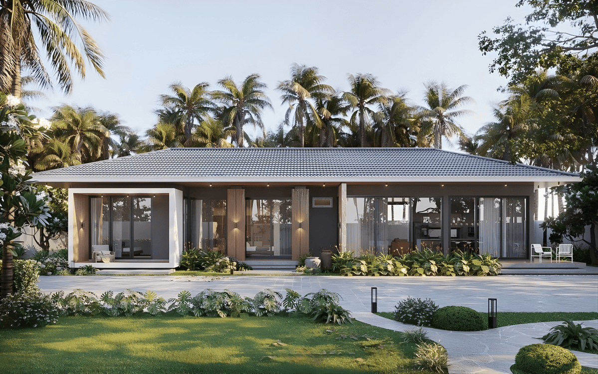 Biệt thự vườn 1 tầng sử dụng hệ mái Nhật xanh đẹp mắt