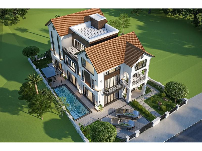 Kiến trúc biệt thự 3 tầng Indochine có bể bơi