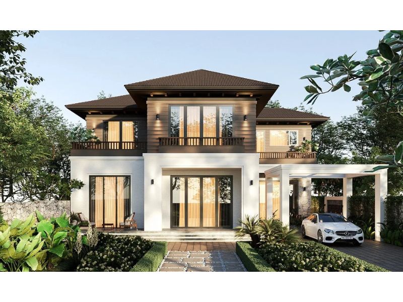 Nhà vườn 2 tầng mái Nhật có gara để xe bên ngoài