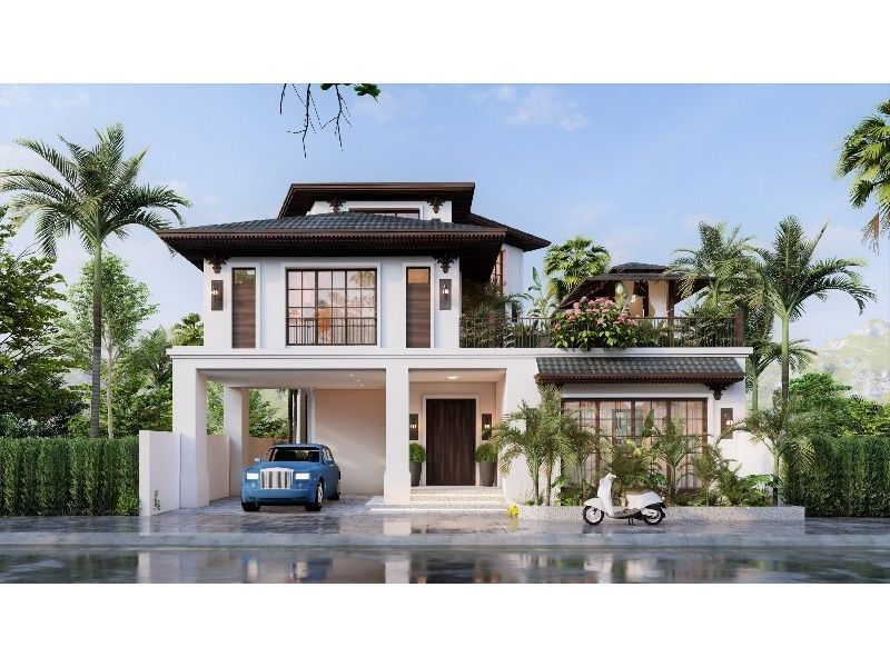Nhà vườn 2 tầng có gara trong nhà phong cách Indochine