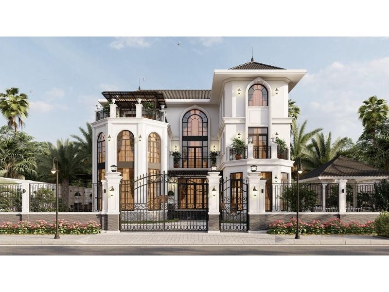 Nhà vườn gam màu trắng có sân vườn xung quanh