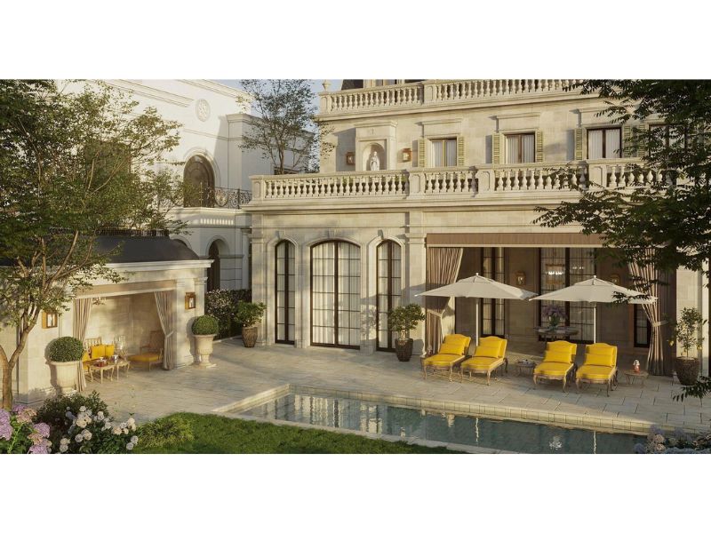 Biệt thự nhà vườn 2 tầng có bể bơi gam màu vàng