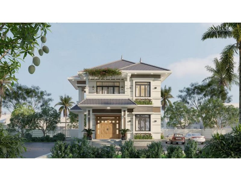 Nhà 2 tầng mái Nhật xanh gam màu trắng đẹp mắt