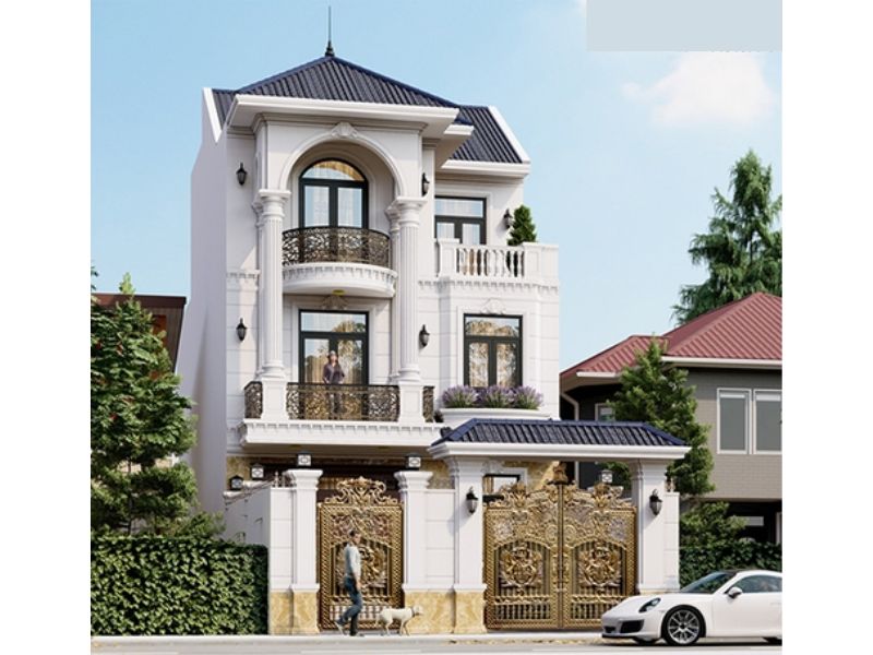 Chi tiết trang trí phức tạp và thẩm mỹ trong ngôi biệt thự 3 tầng mặt tiền 8m mái dốc