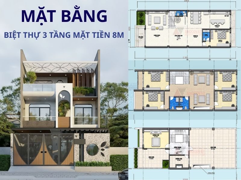 Bản vẽ mặt bằng biệt thự 3 tầng mặt tiền 8m tiện nghi