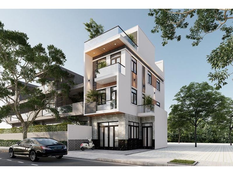 Ngoại thất nhà 3 tầng ốp đá granite cao cấp, hiện đại